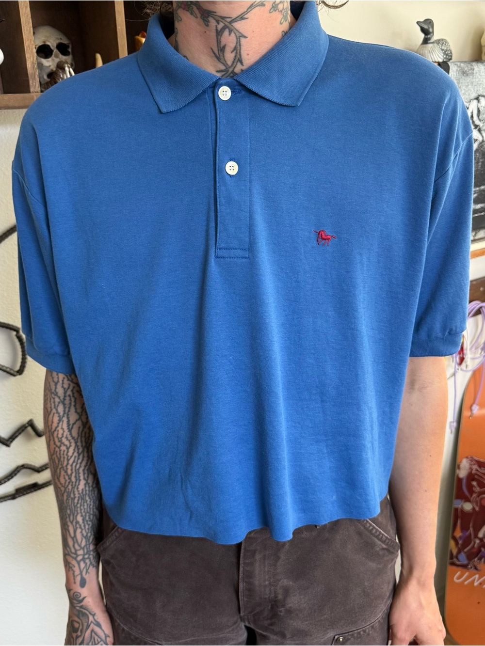 Vintage 80s 90s Blue Unicorn Cropped Boxy Polo ~ Size Large